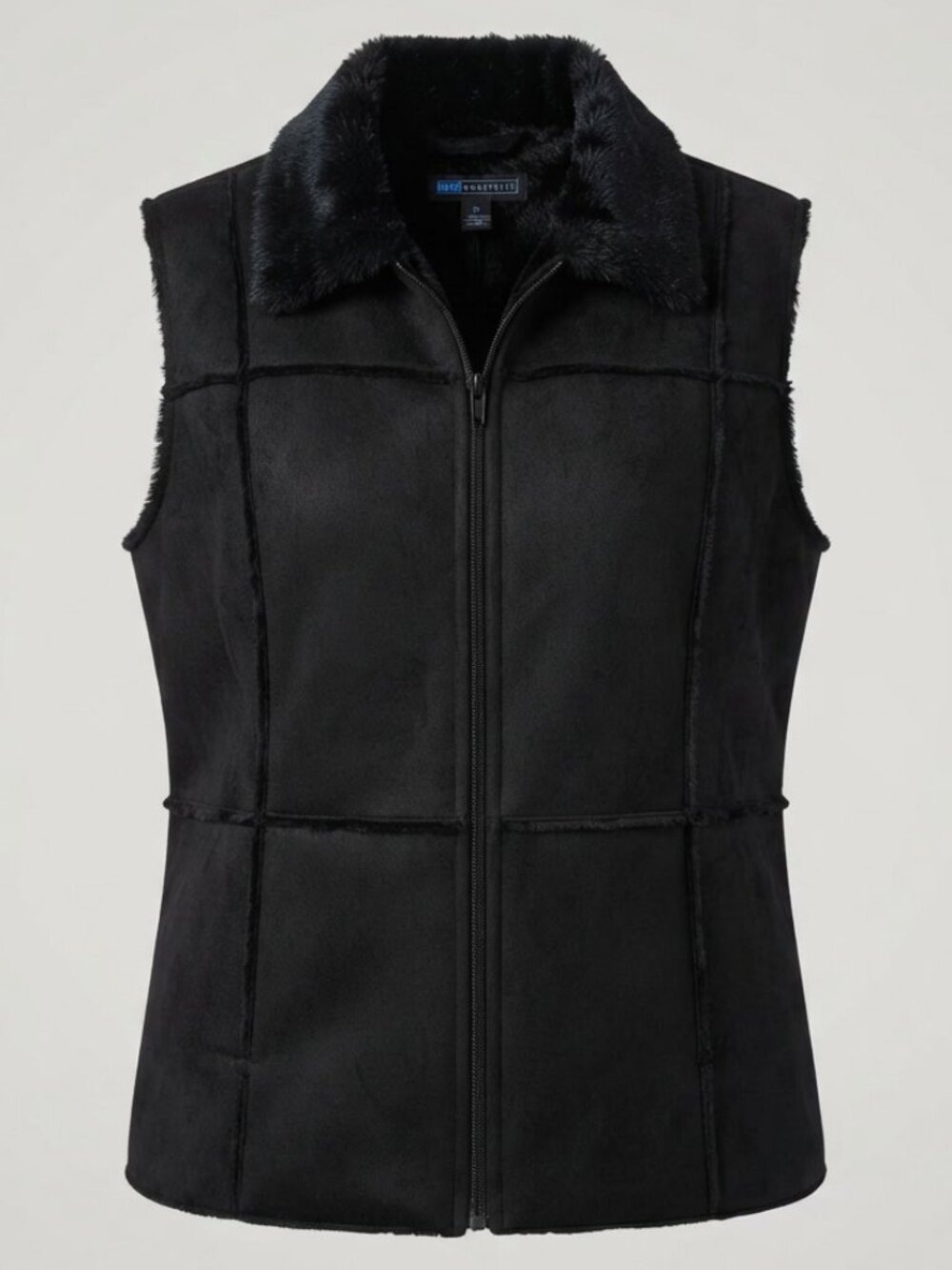 Relativity Black Faux Suede Shearling Vest 1X, Patchwork Zip Front Vest, Plus S